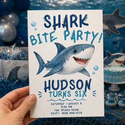 Watercolor Shark Birthday Invitation — invitation you personalize in Canva
