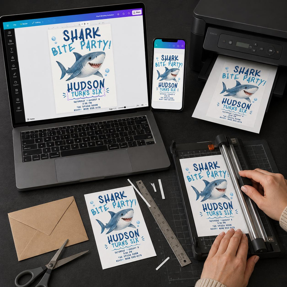 Watercolor Shark Birthday Invitation — print-ready birthday party design from VoltBy