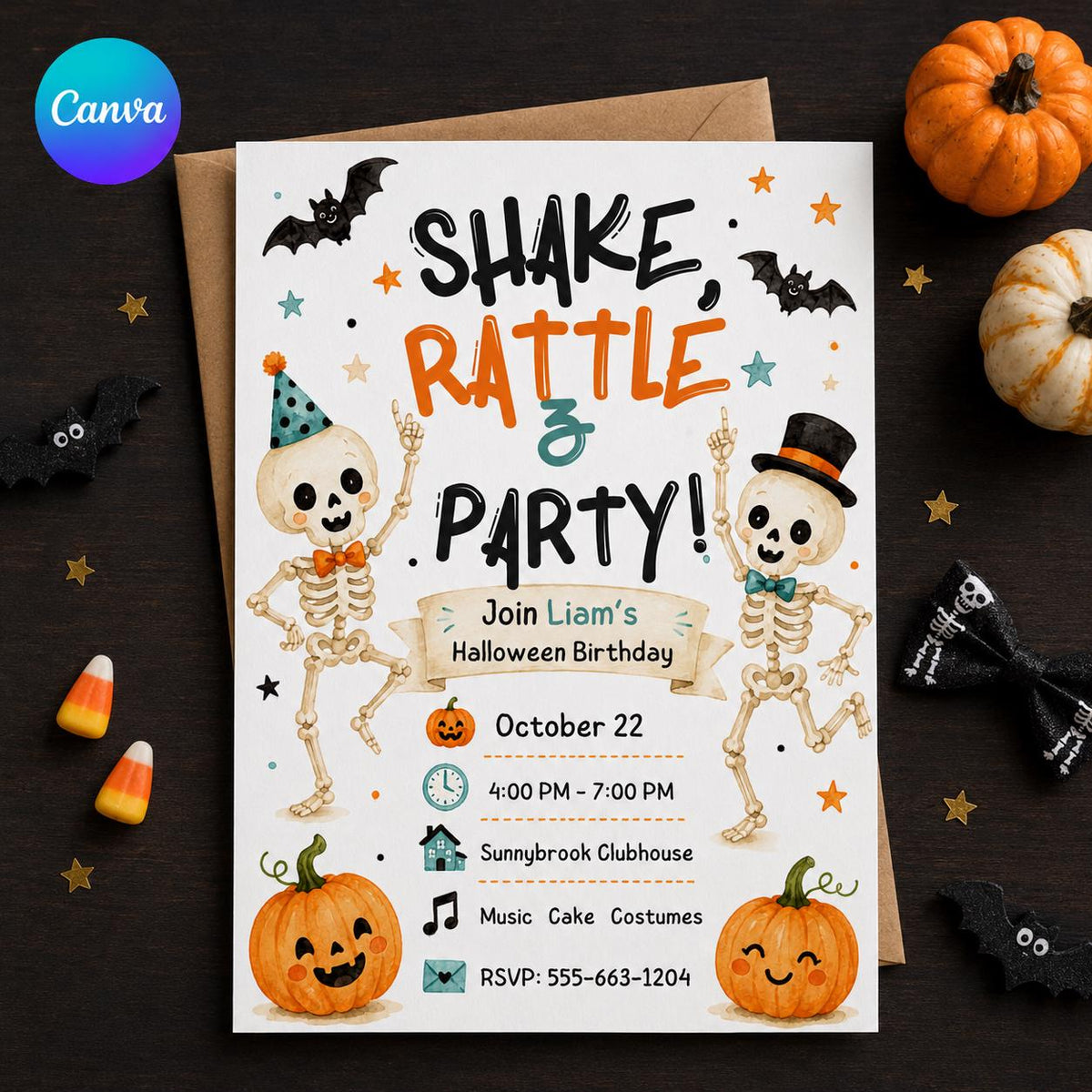 Watercolor Skeleton Birthday Invitation — editable Canva template