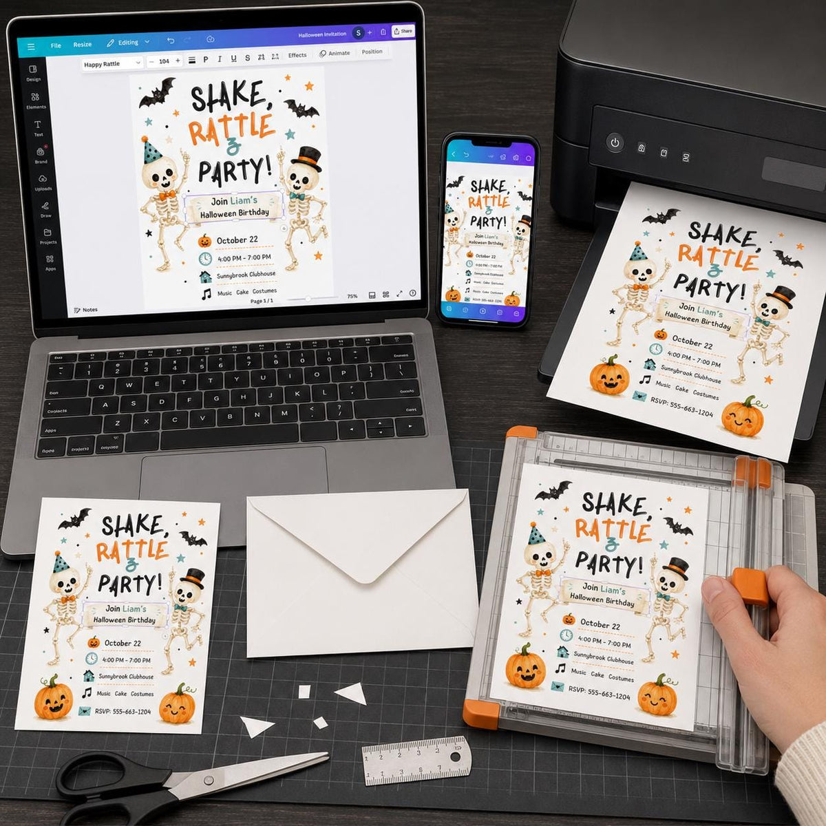 Watercolor Skeleton Birthday Invitation — print-ready birthday party design from VoltBy