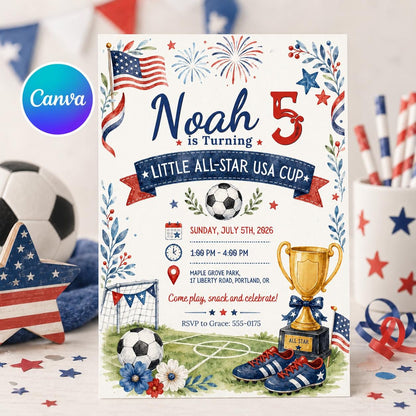 Watercolor Soccer 5th Birthday Invitation — editable Canva template