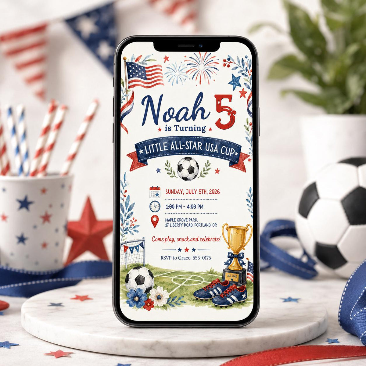 Watercolor Soccer 5th Birthday Invitation — sports design