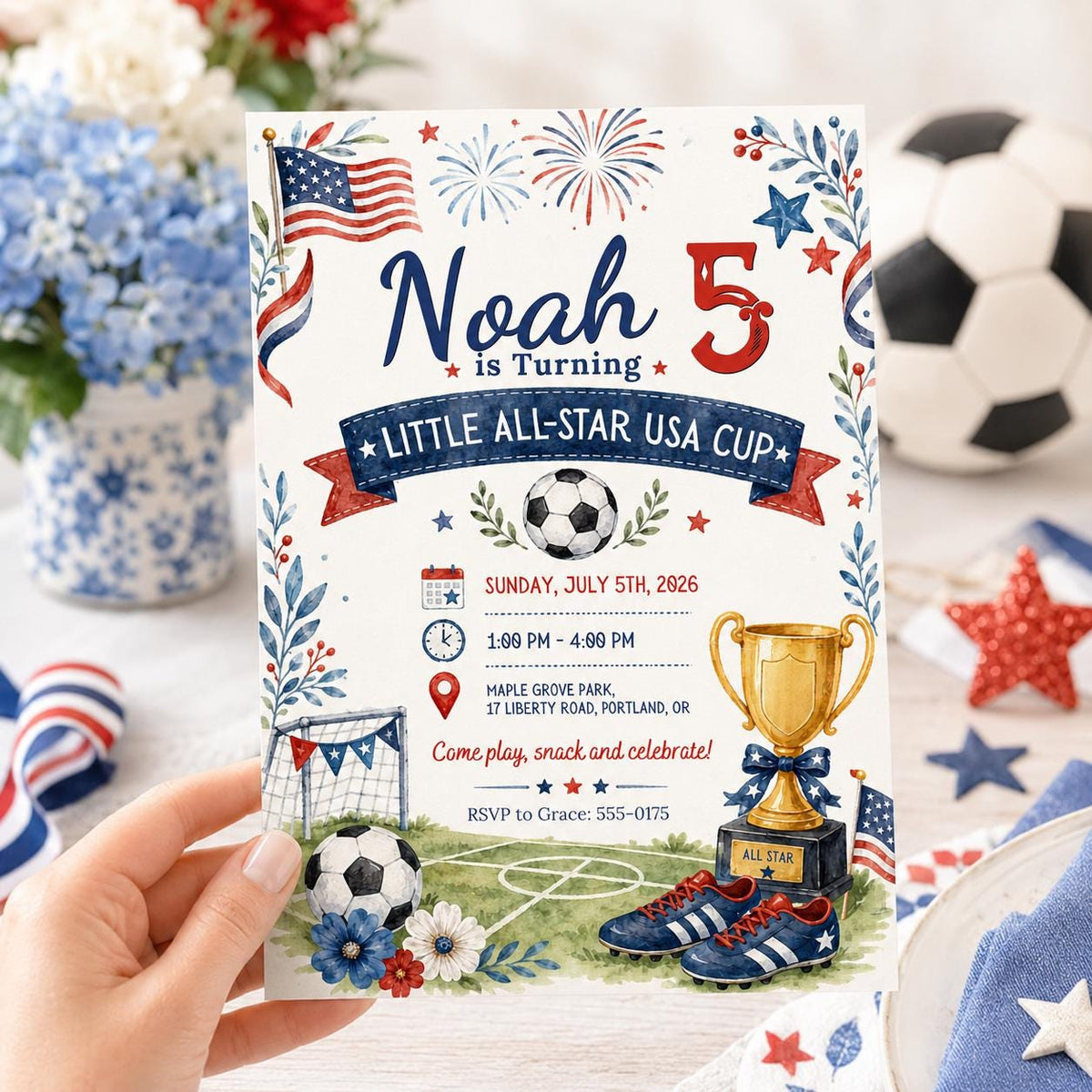 Watercolor Soccer 5th Birthday Invitation — print-ready 5th birthday party design from VoltBy