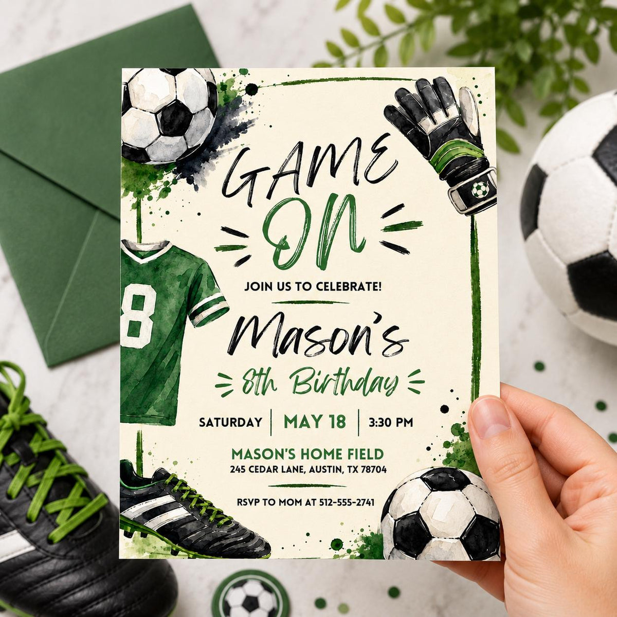 Watercolor Soccer Jersey 8th Birthday Invitation — invitation you personalize in Canva
