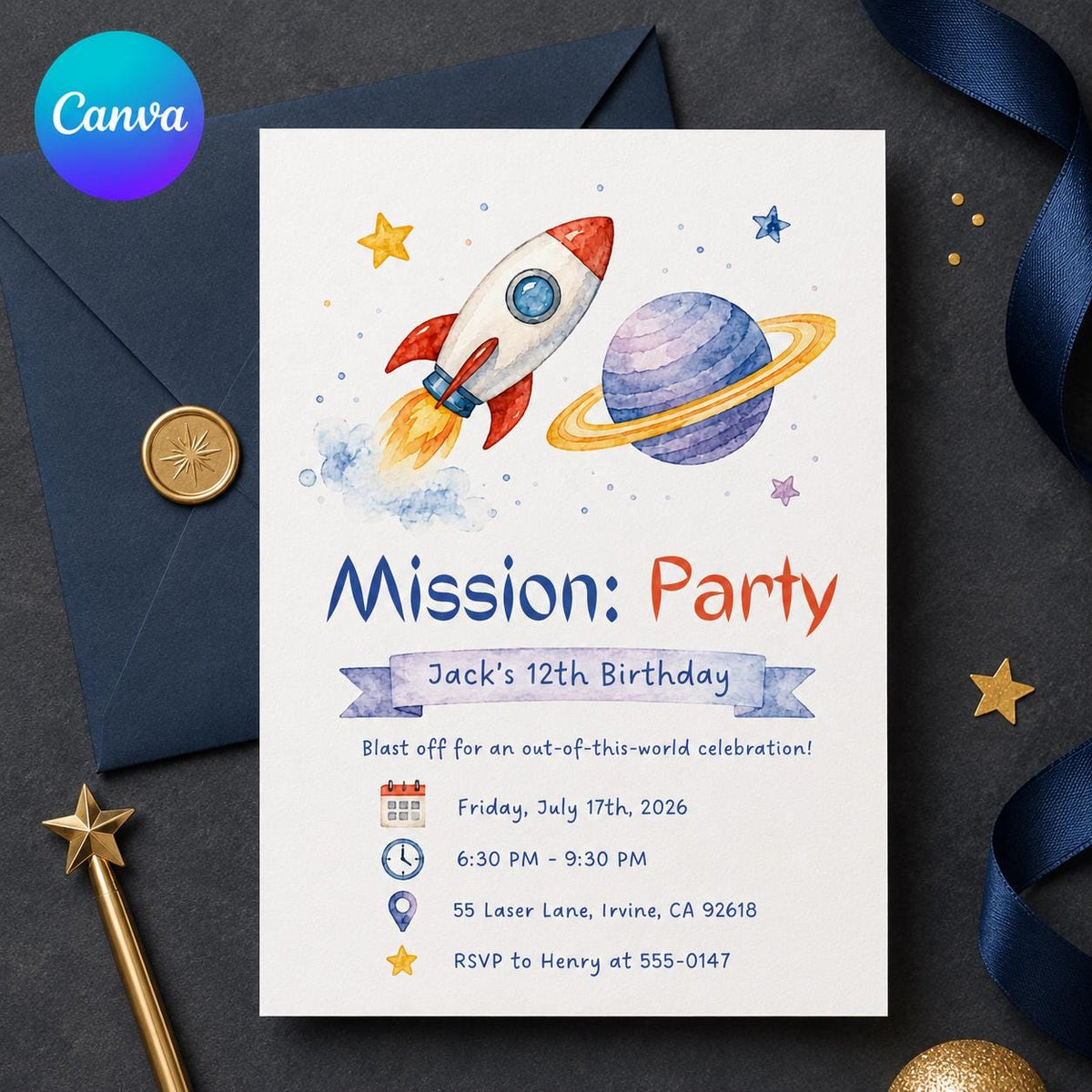 Watercolor Space 12th Birthday Invitation — editable Canva template