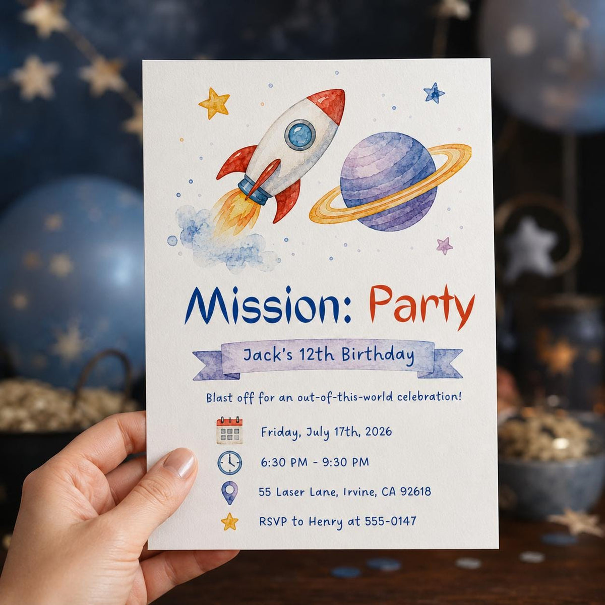 Watercolor Space 12th Birthday Invitation — print-ready 12th birthday party design from VoltBy