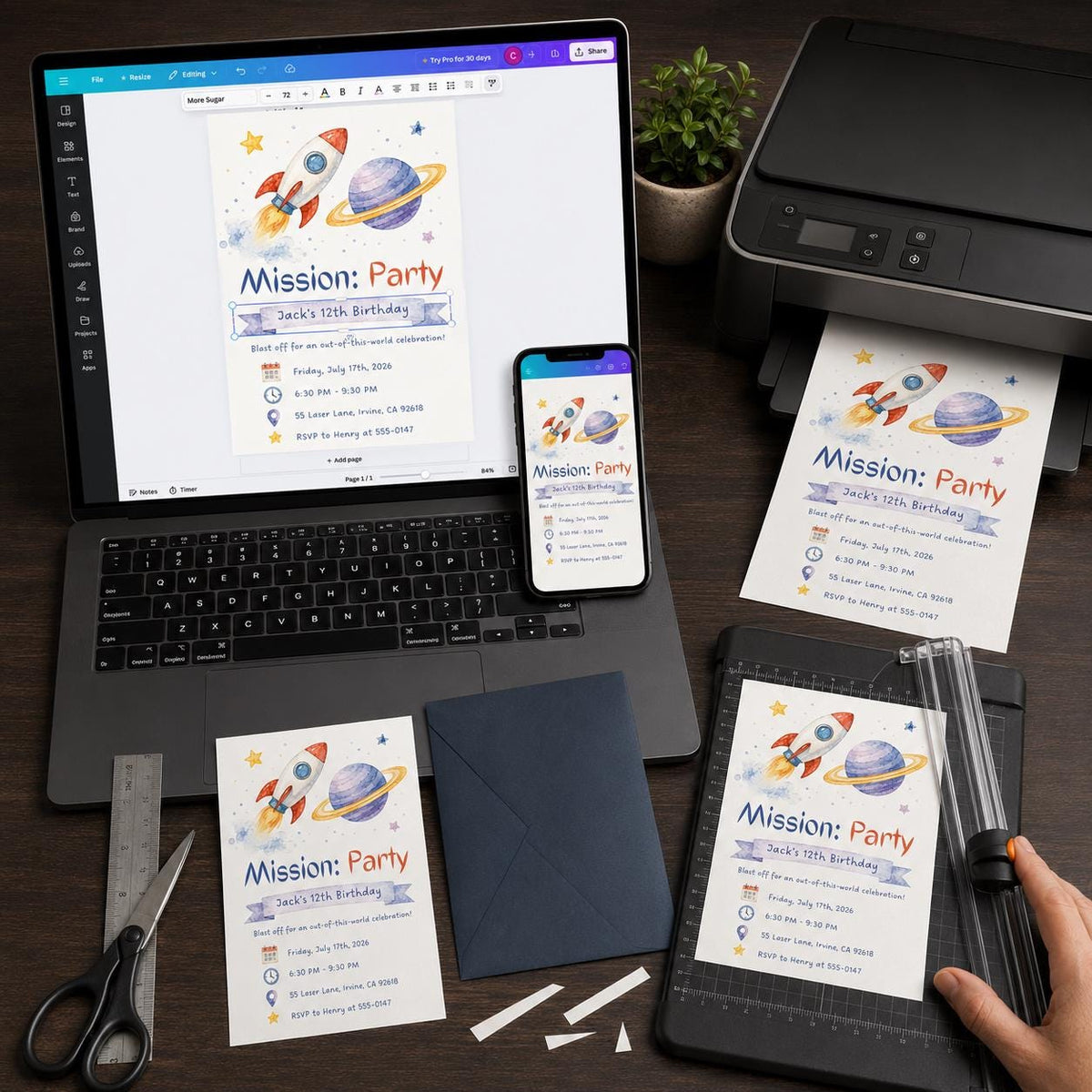 Watercolor Space 12th Birthday Invitation — digital invitation, instant download