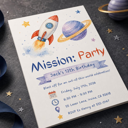 Watercolor Space 12th Birthday Invitation — 12th birthday party stationery by VoltBy