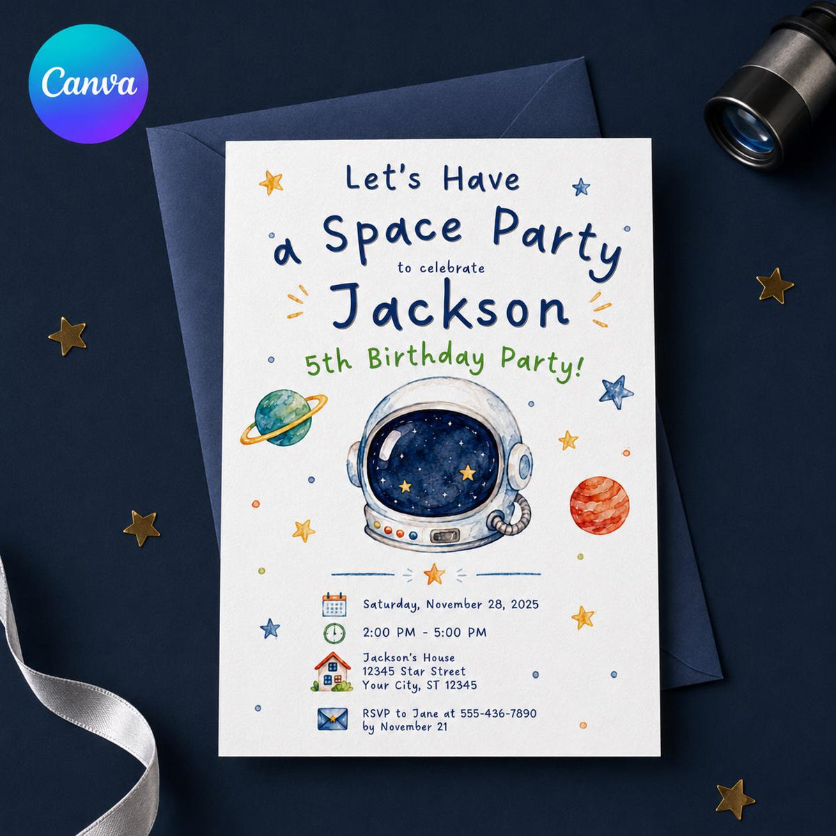 Watercolor Space 5th Birthday Invitation for Boys — editable Canva template