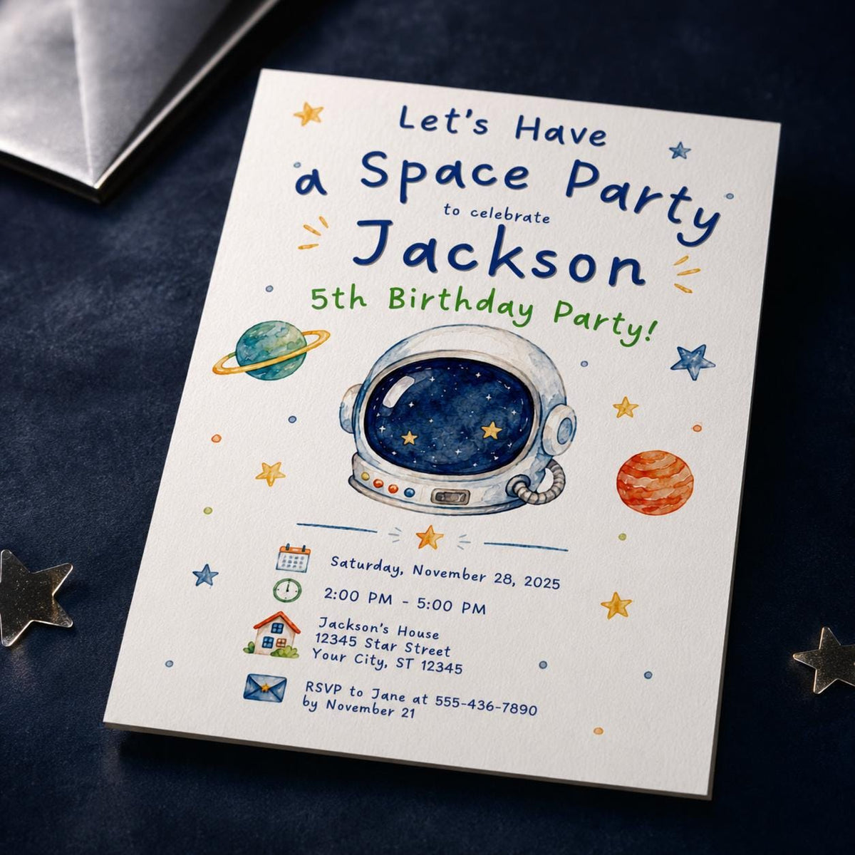 Watercolor Space 5th Birthday Invitation for Boys — invitation you personalize in Canva