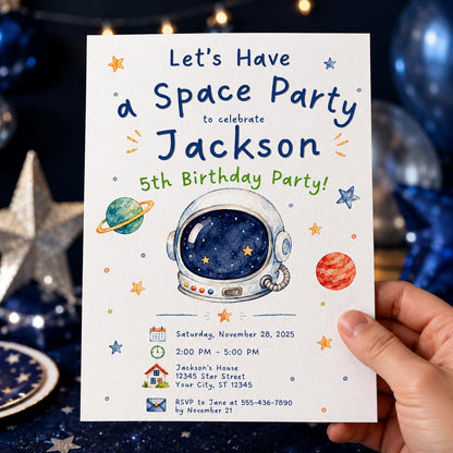 Watercolor Space 5th Birthday Invitation for Boys — print-ready 5th birthday party design from VoltBy