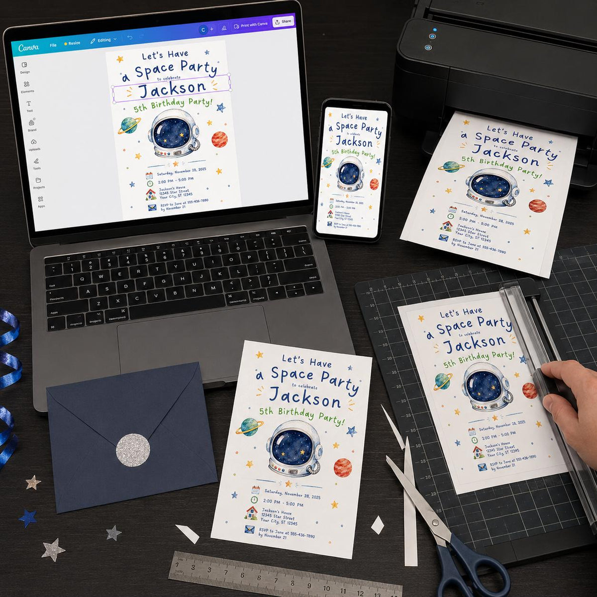 Watercolor Space 5th Birthday Invitation for Boys — digital invitation, instant download