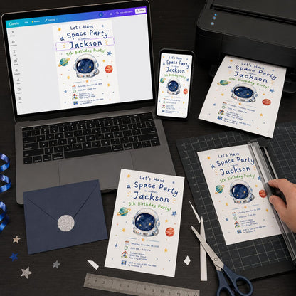 Watercolor Space 5th Birthday Invitation for Boys — digital invitation, instant download