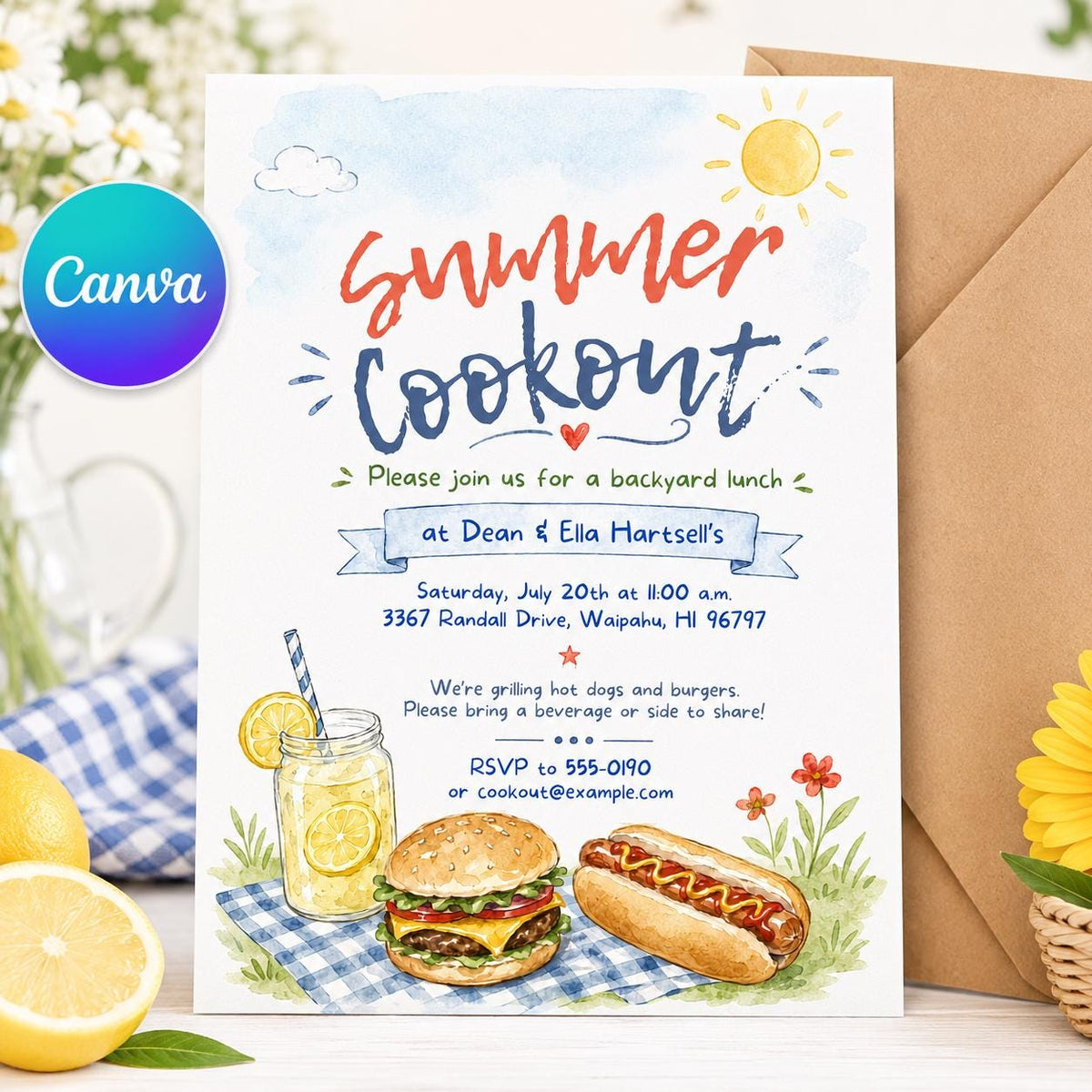 Watercolor Summer Cookout Invitation — editable Canva template