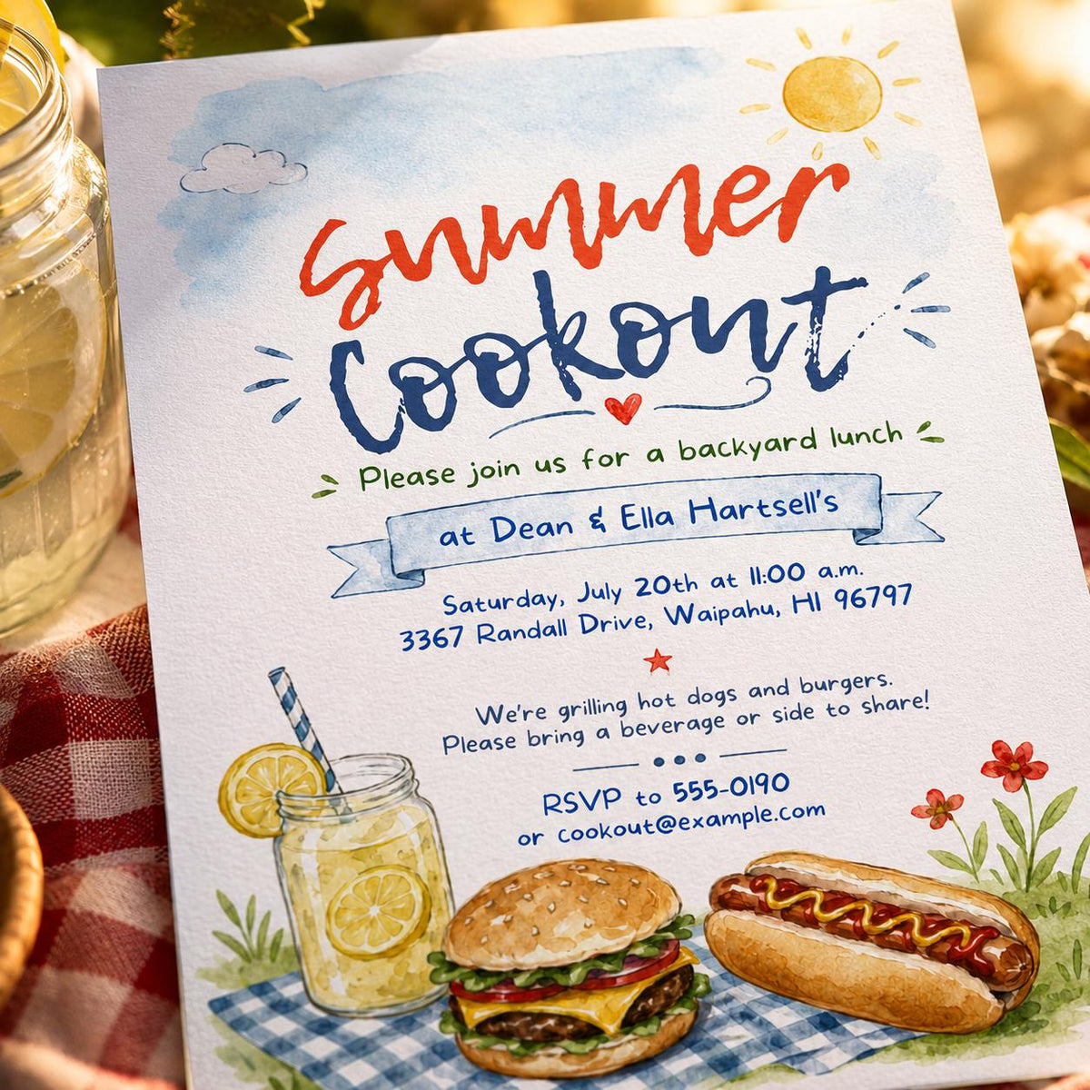 Watercolor Summer Cookout Invitation — invitation you personalize in Canva