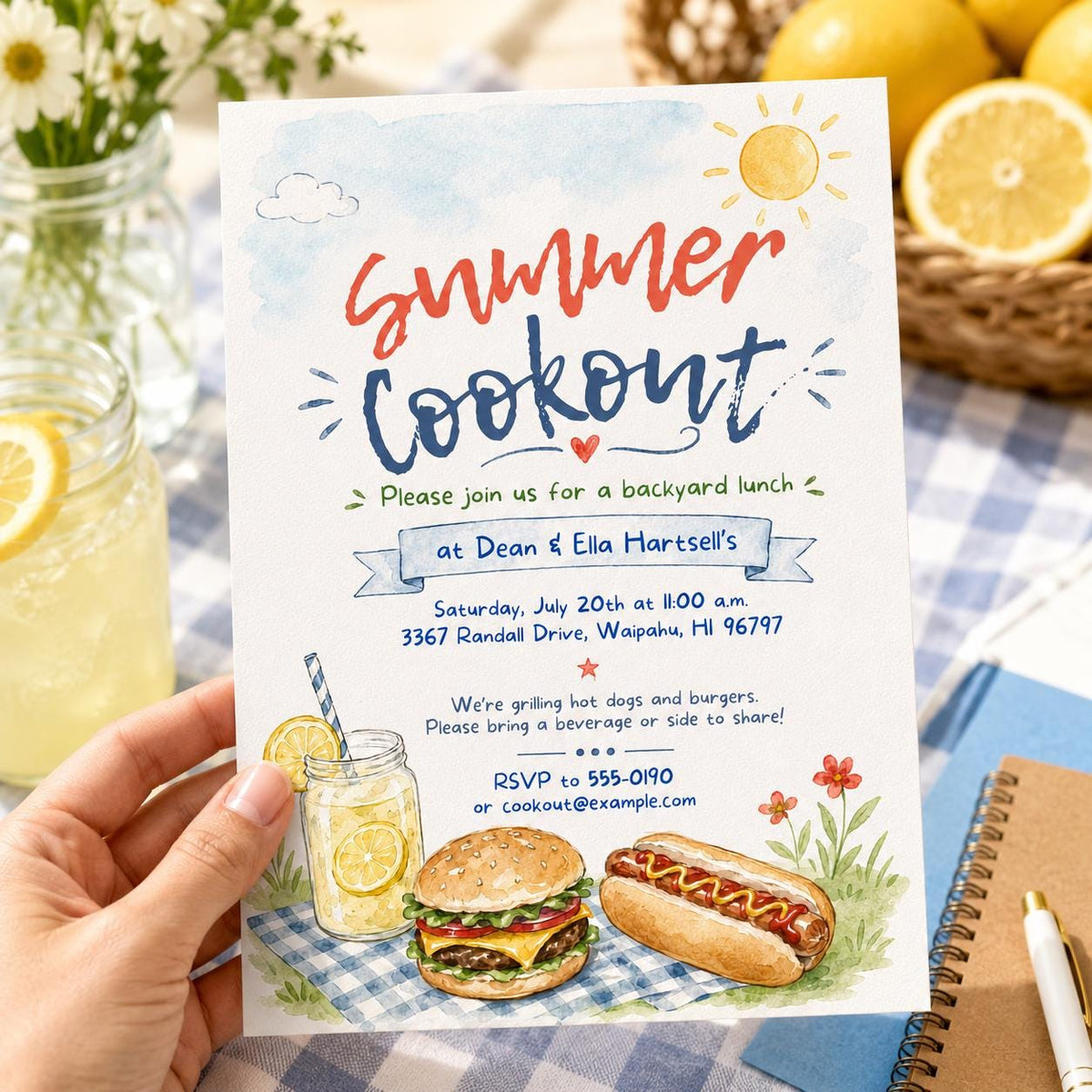 Watercolor Summer Cookout Invitation — print-ready cookout design from VoltBy