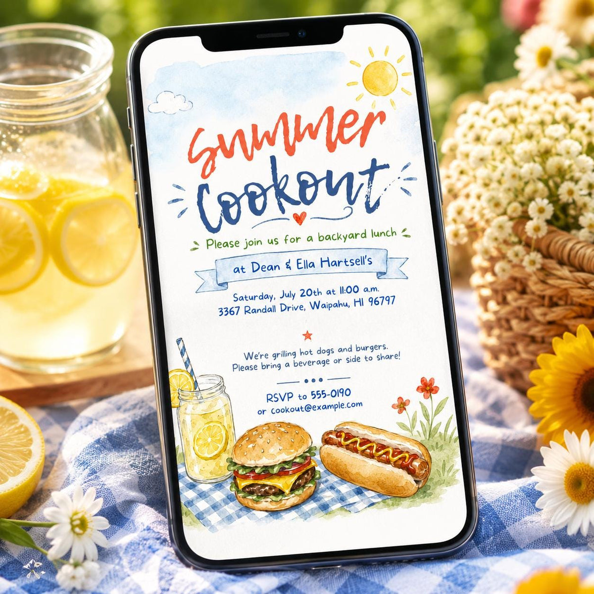 Watercolor Summer Cookout Invitation — digital invitation, instant download