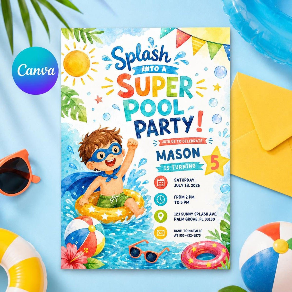 Watercolor Super Pool Party Invitation — editable Canva template