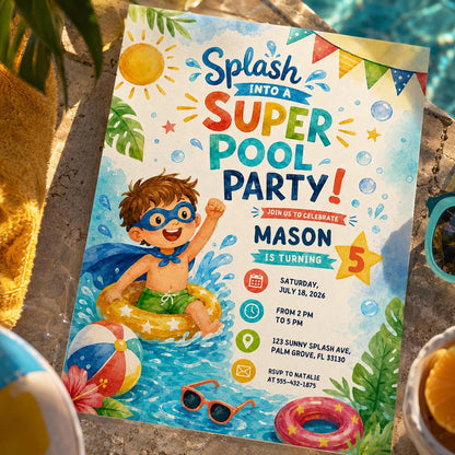 Watercolor Super Pool Party Invitation — invitation you personalize in Canva