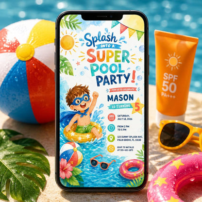 Watercolor Super Pool Party Invitation — print-ready birthday party design from VoltBy