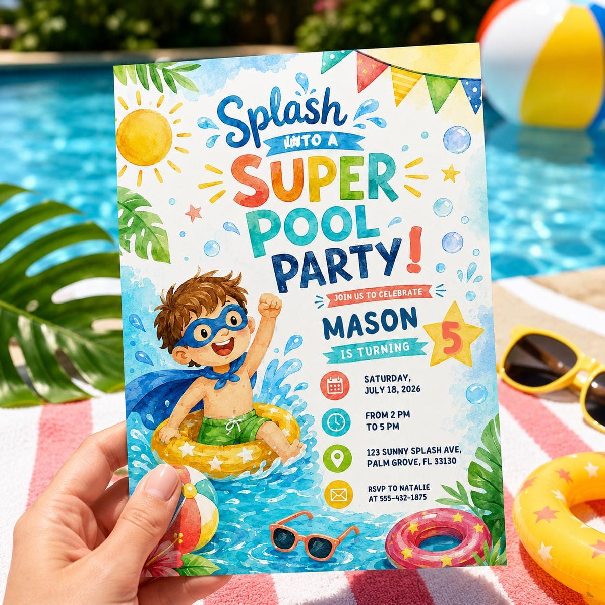 Watercolor Super Pool Party Invitation — birthday party stationery by VoltBy
