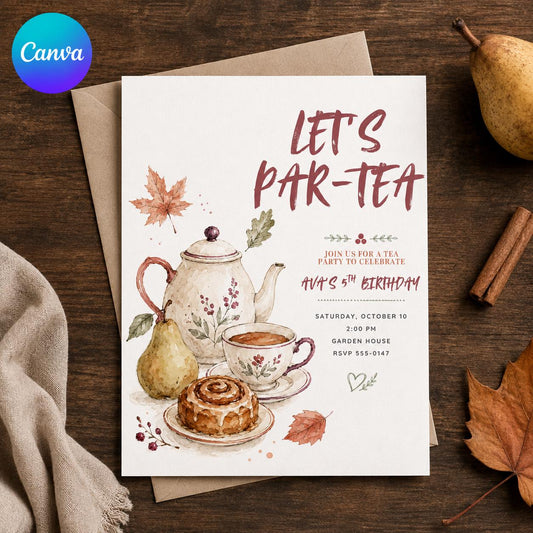 Watercolor Tea Party 5th Birthday Invitation — editable Canva template