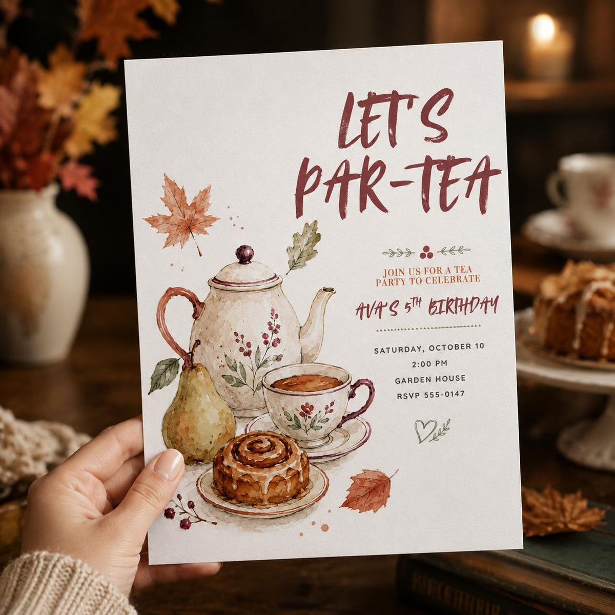 Watercolor Tea Party 5th Birthday Invitation — print-ready 5th birthday party design from VoltBy