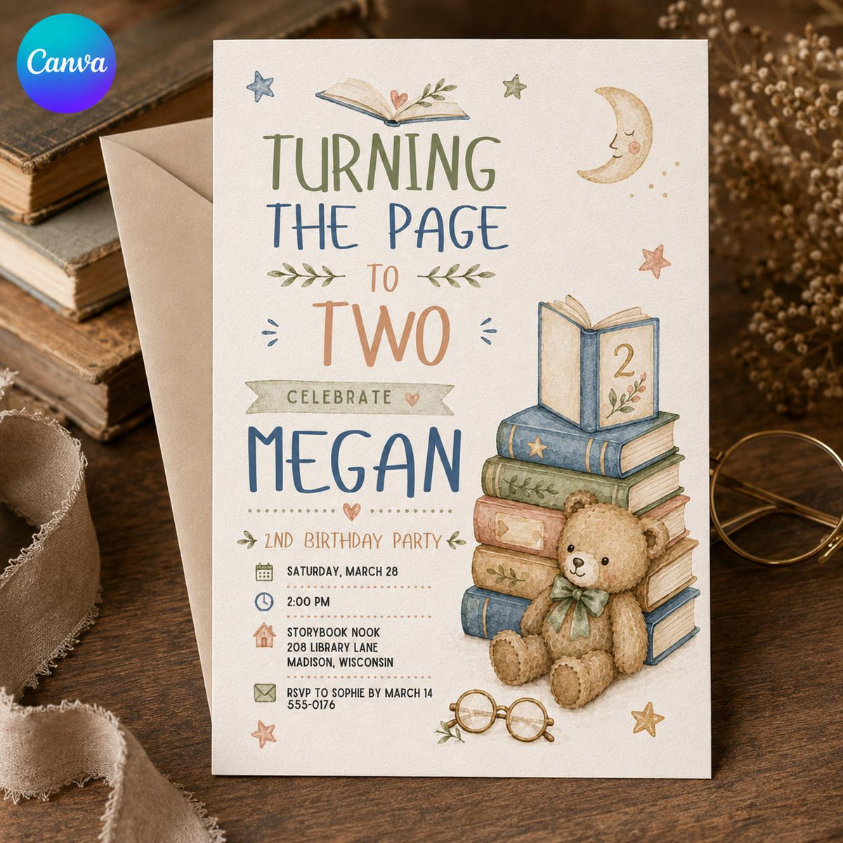 Watercolor Turning Two Birthday Invitation — editable Canva template