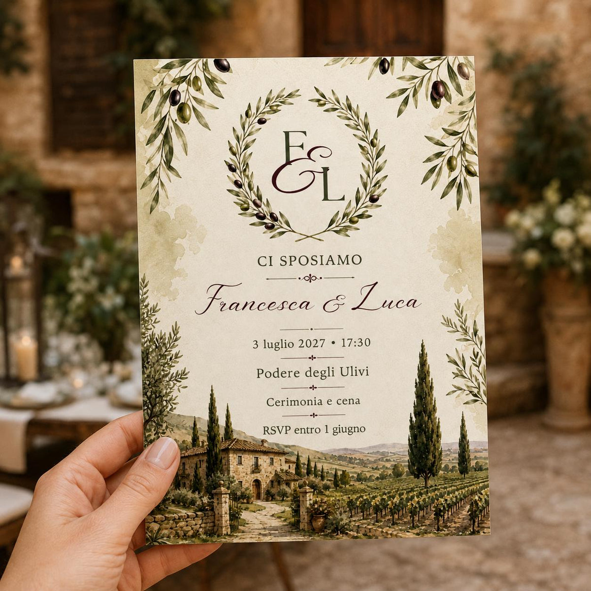 Watercolor Tuscany Wedding Invitation — invitation you personalize in Canva