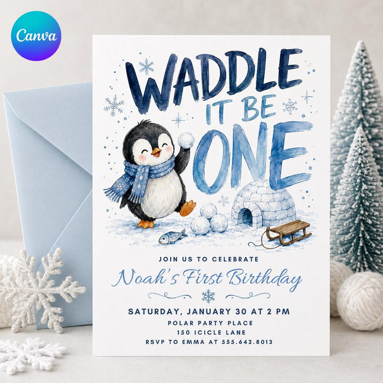 Watercolor Waddle It Be One Birthday Invitation