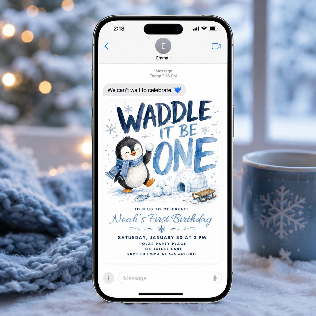 Watercolor Waddle It Be One Birthday Invitation — penguin and snowflake design