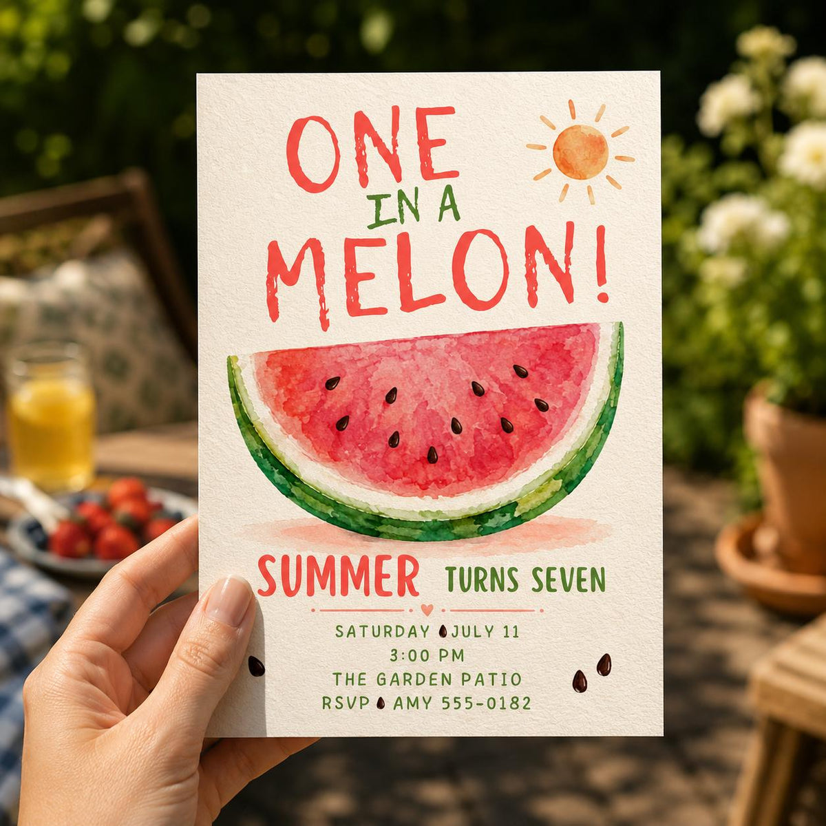 Watercolor Watermelon 7th Birthday Invitation — invitation you personalize in Canva