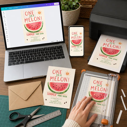 Watercolor Watermelon 7th Birthday Invitation — print-ready 7th birthday party design from VoltBy