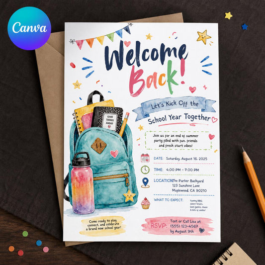Watercolor Welcome Back School Party Invitation — editable Canva template