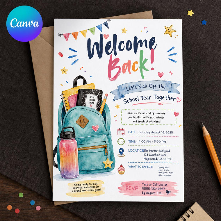 Watercolor Welcome Back School Party Invitation