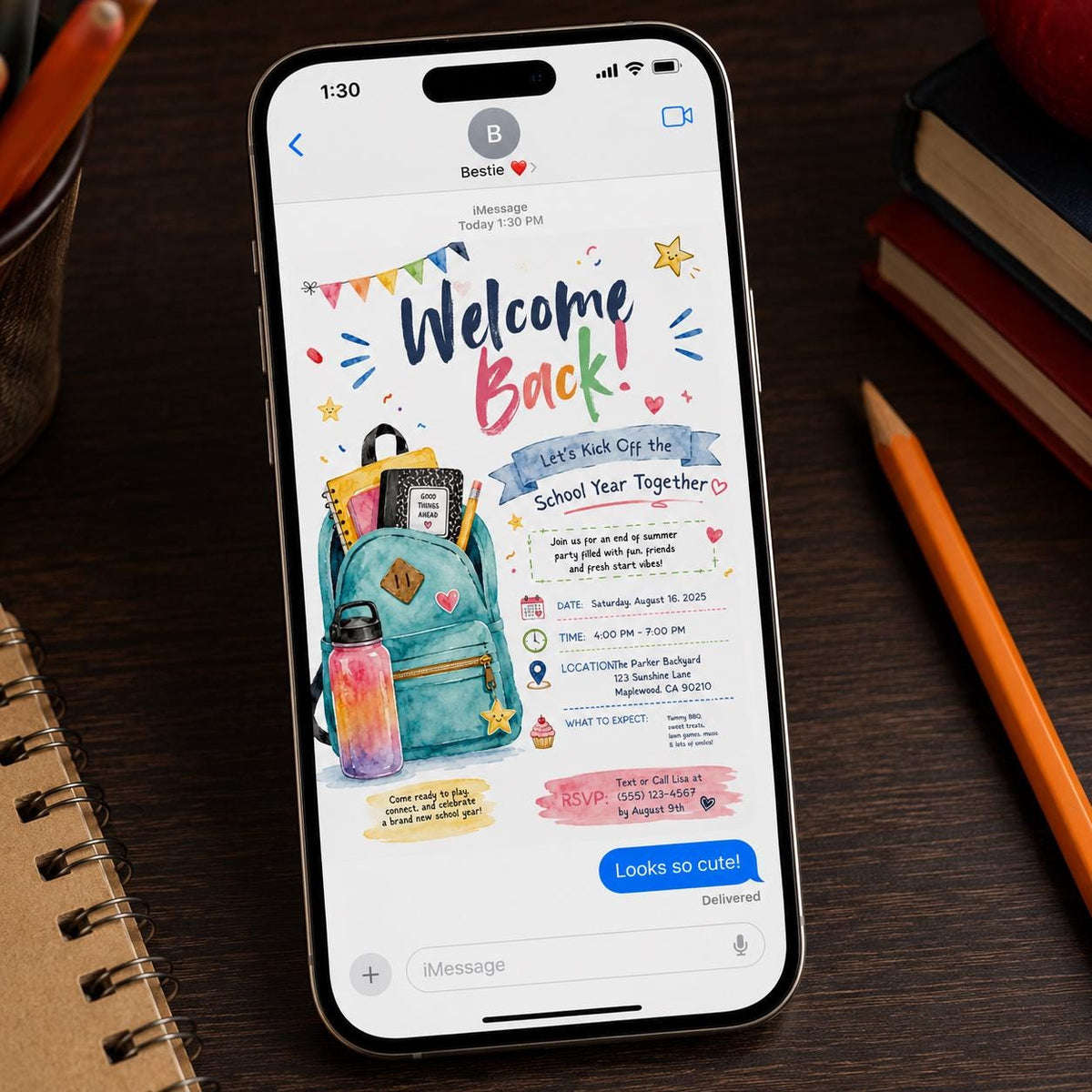 Watercolor Welcome Back School Party Invitation — invitation you personalize in Canva