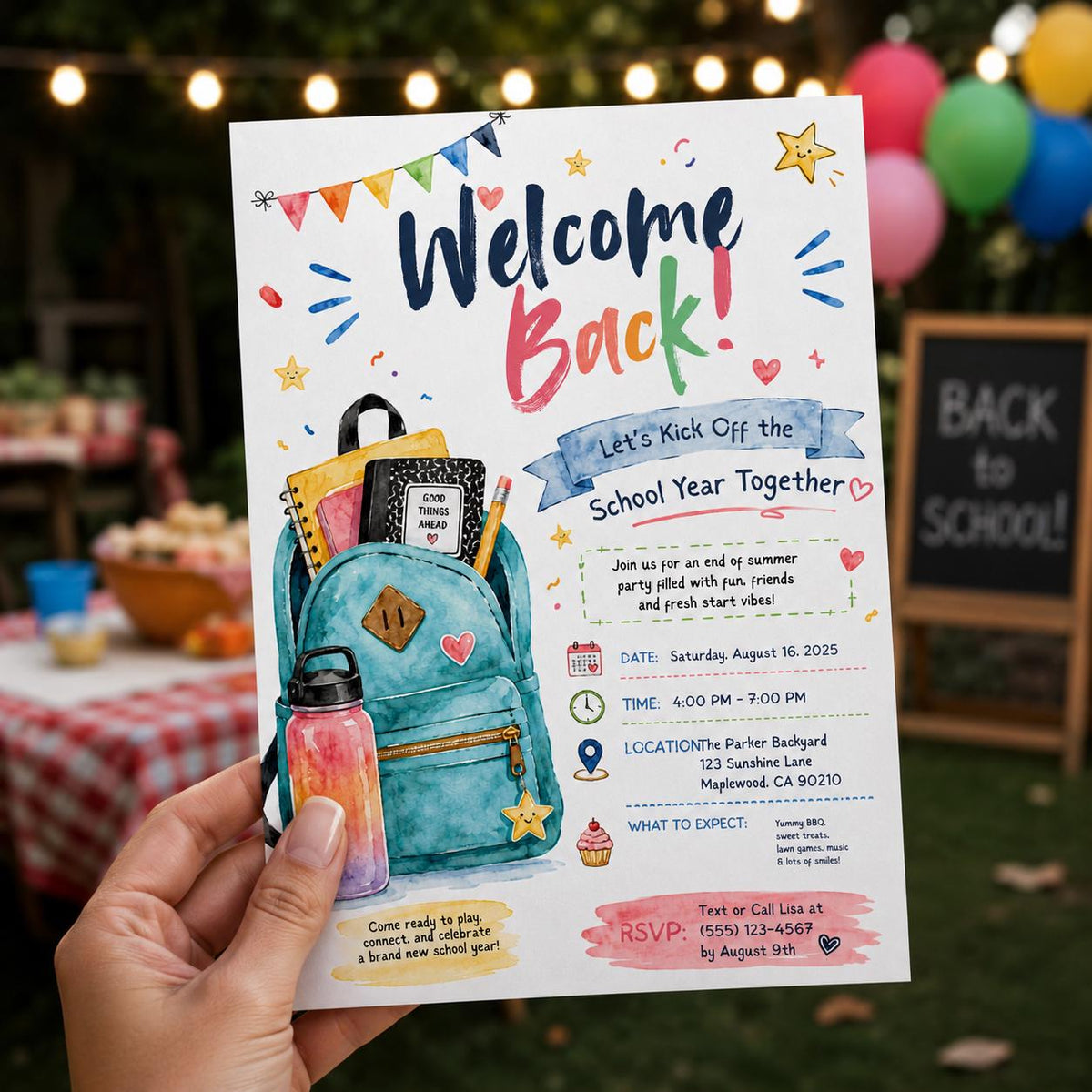 Watercolor Welcome Back School Party Invitation — print-ready back-to-school event design from VoltBy