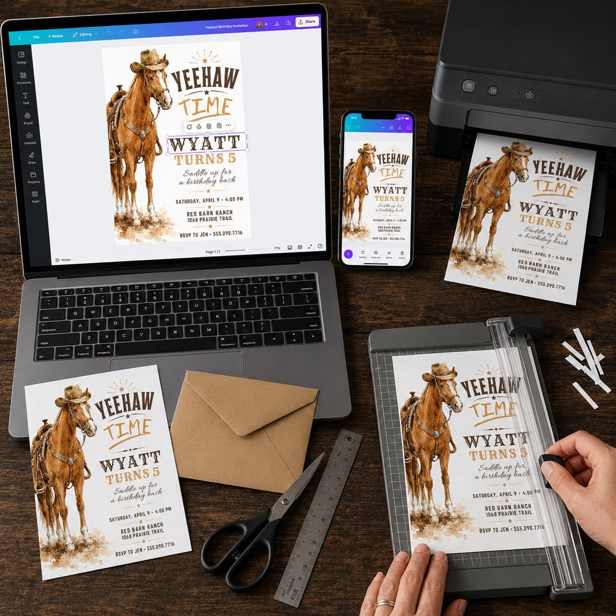Watercolor Western Horse 5th Birthday Invitation — print-ready 5th birthday party design from VoltBy