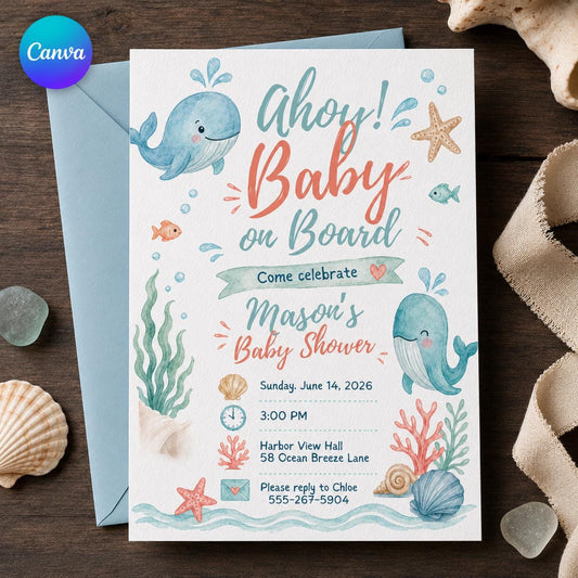 Watercolor Whale Baby Shower Invitation for Boys — editable Canva template