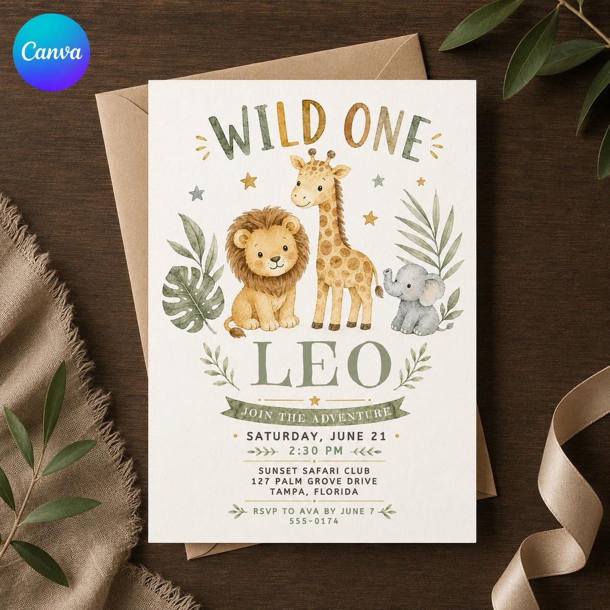 Watercolor Wild One First Birthday Invitation: Safari Jungle Animals — editable Canva template