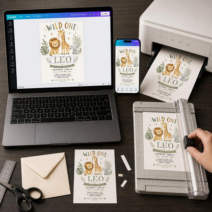 Watercolor Wild One First Birthday Invitation: Safari Jungle Animals — digital invitation, instant download