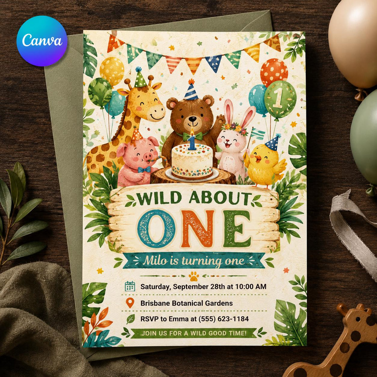 Watercolor Wild One First Birthday Invitation: Safari Jungle Animals Party — editable Canva template