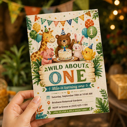 Watercolor Wild One First Birthday Invitation: Safari Jungle Animals Party — print-ready first birthday design from VoltBy