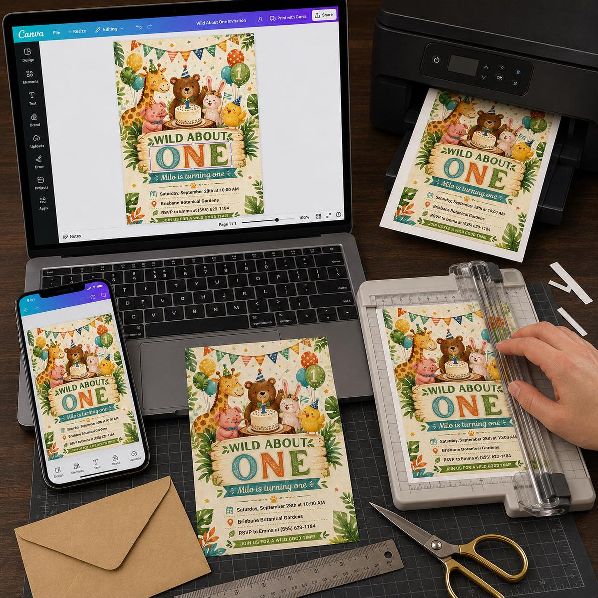 Watercolor Wild One First Birthday Invitation: Safari Jungle Animals Party — digital invitation, instant download