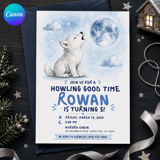 Watercolor Wolf 5th Birthday Invitation for Boys — editable Canva template