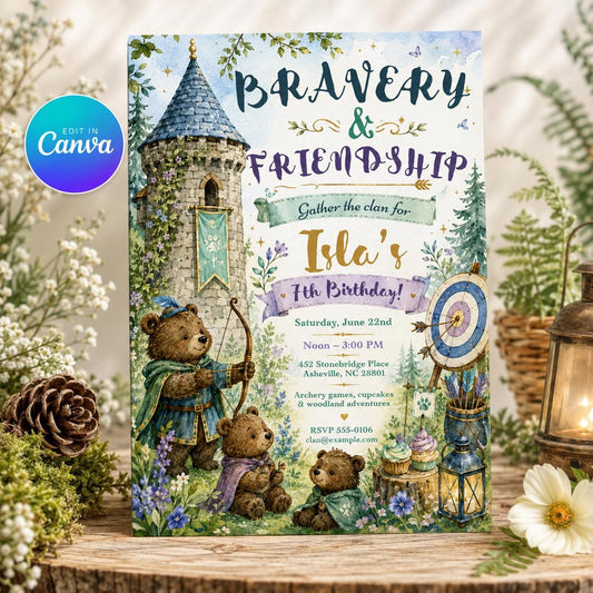 Watercolor Woodland Bear Birthday Invitation — editable Canva template