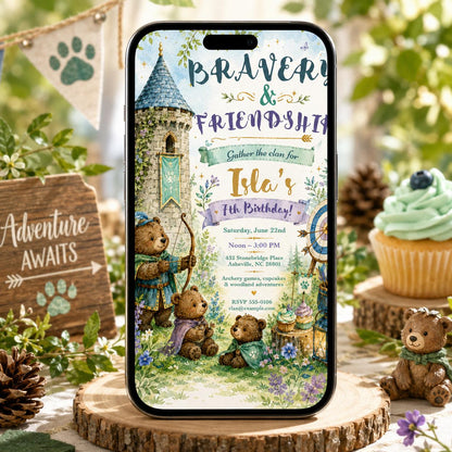 Watercolor Woodland Bear Birthday Invitation — storybook and teddy design