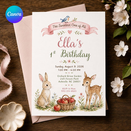Watercolor Woodland First Birthday Invitation — editable Canva template