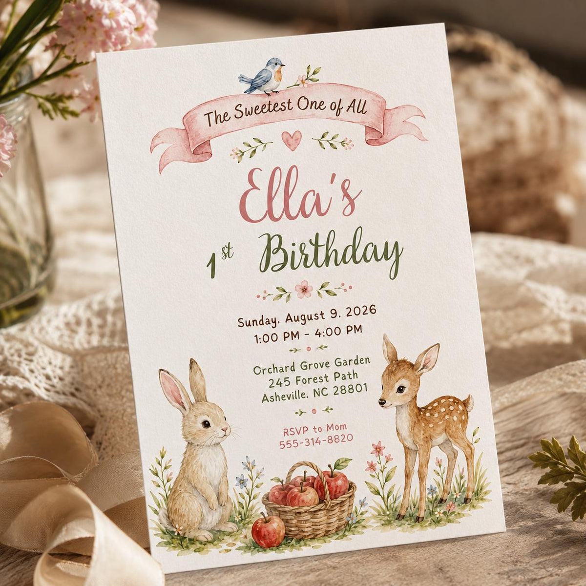Watercolor Woodland First Birthday Invitation — invitation you personalize in Canva