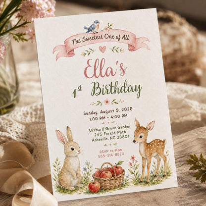 Watercolor Woodland First Birthday Invitation — invitation you personalize in Canva